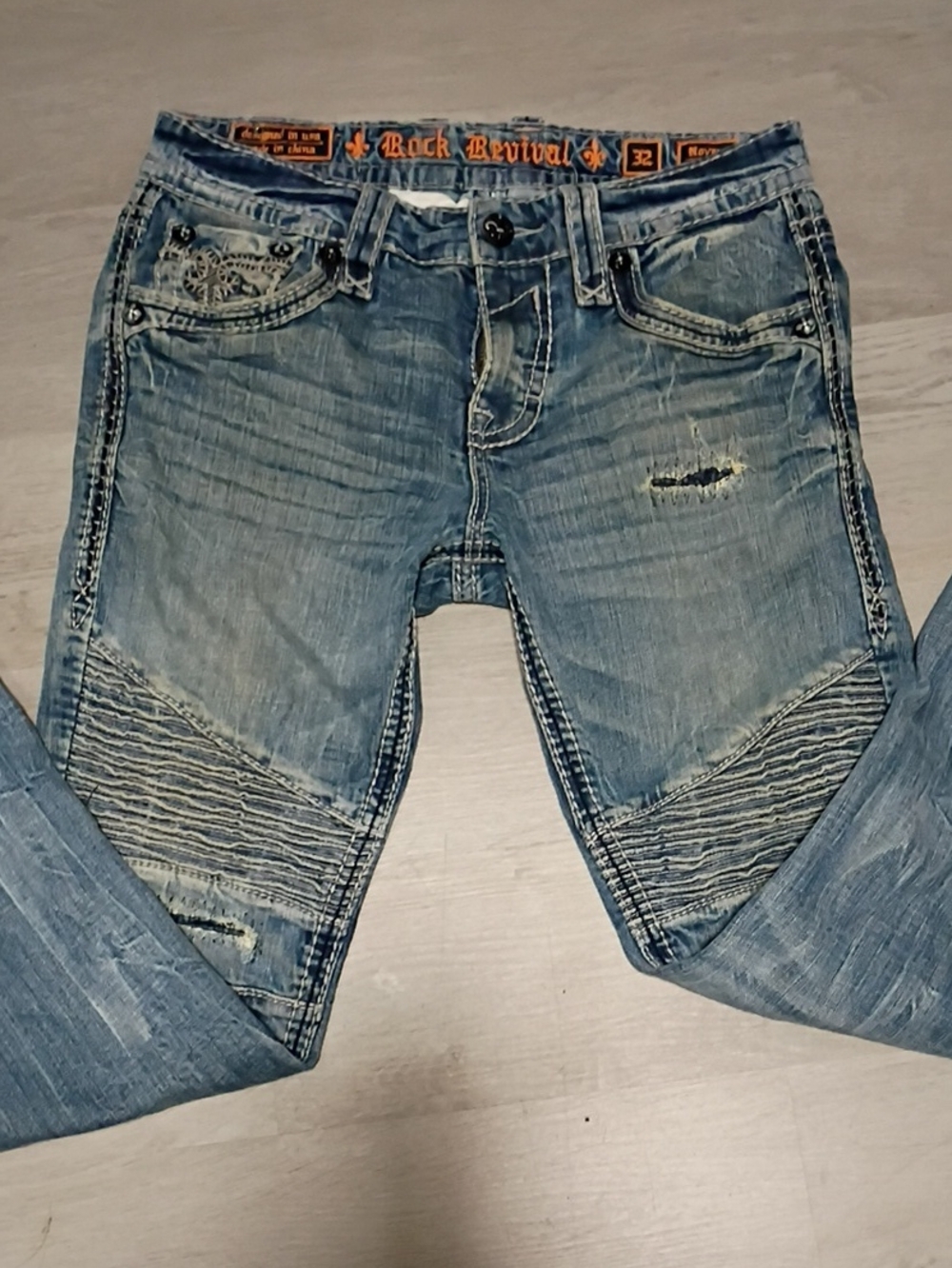 Rock Revival Men’s Light Blue Distressed Moto Jeans